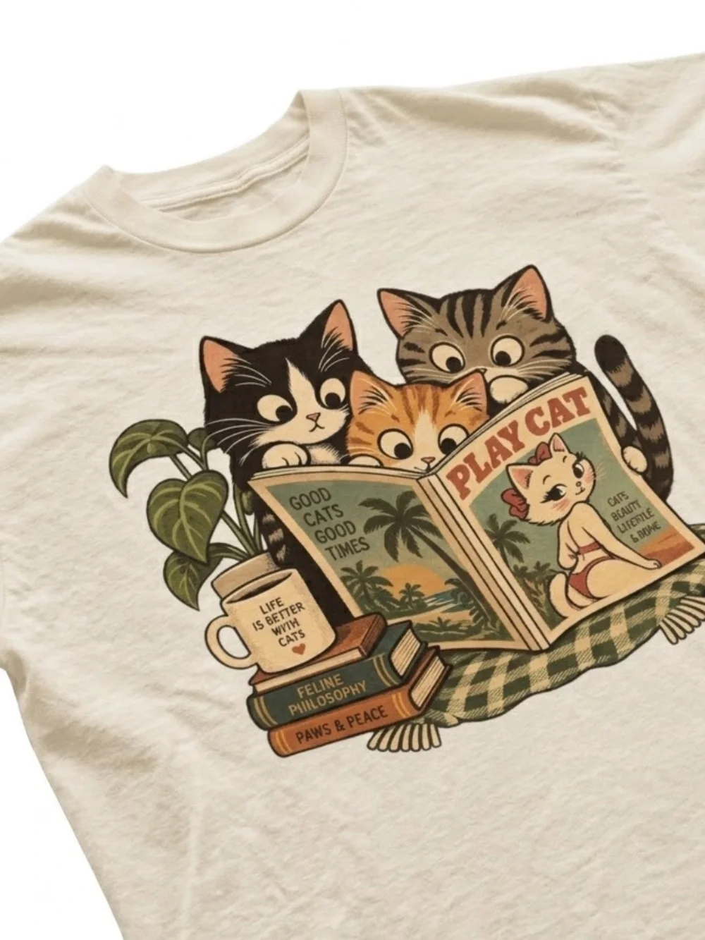 Off White Tee with Retro Three Cats Reading Graphic
